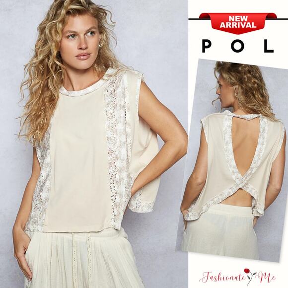 POL Floral Contrast Round Neck Sleeveless Back Detail Relaxed Fit Top | Almond - Picture 1 of 7